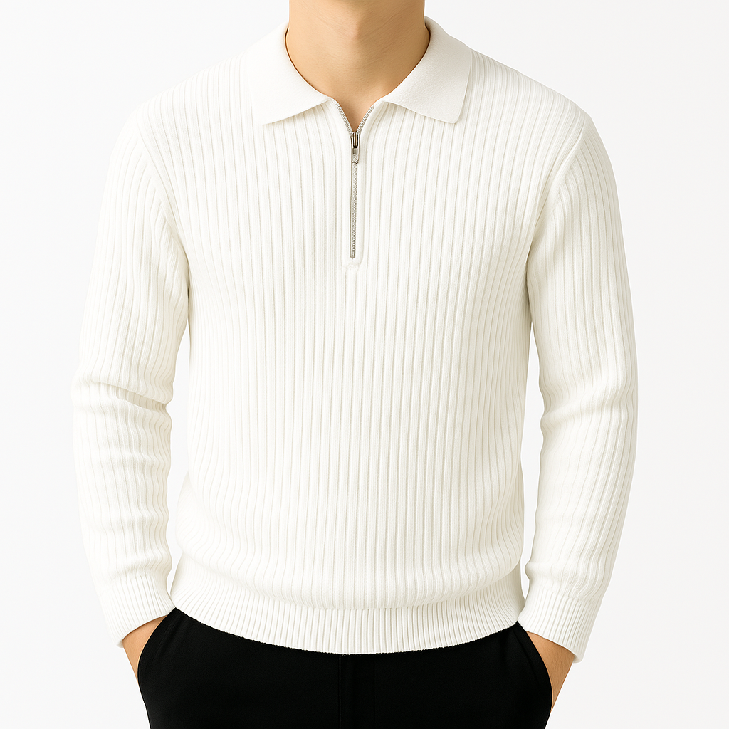 Structured ribbed quarter-zip pullover, white color view