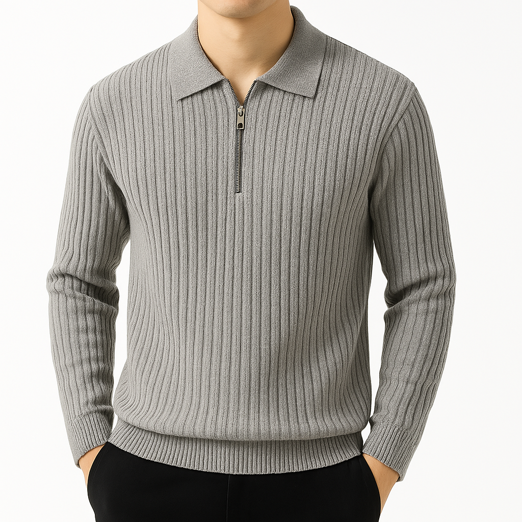 Structured ribbed quarter-zip pullover, gray front view
