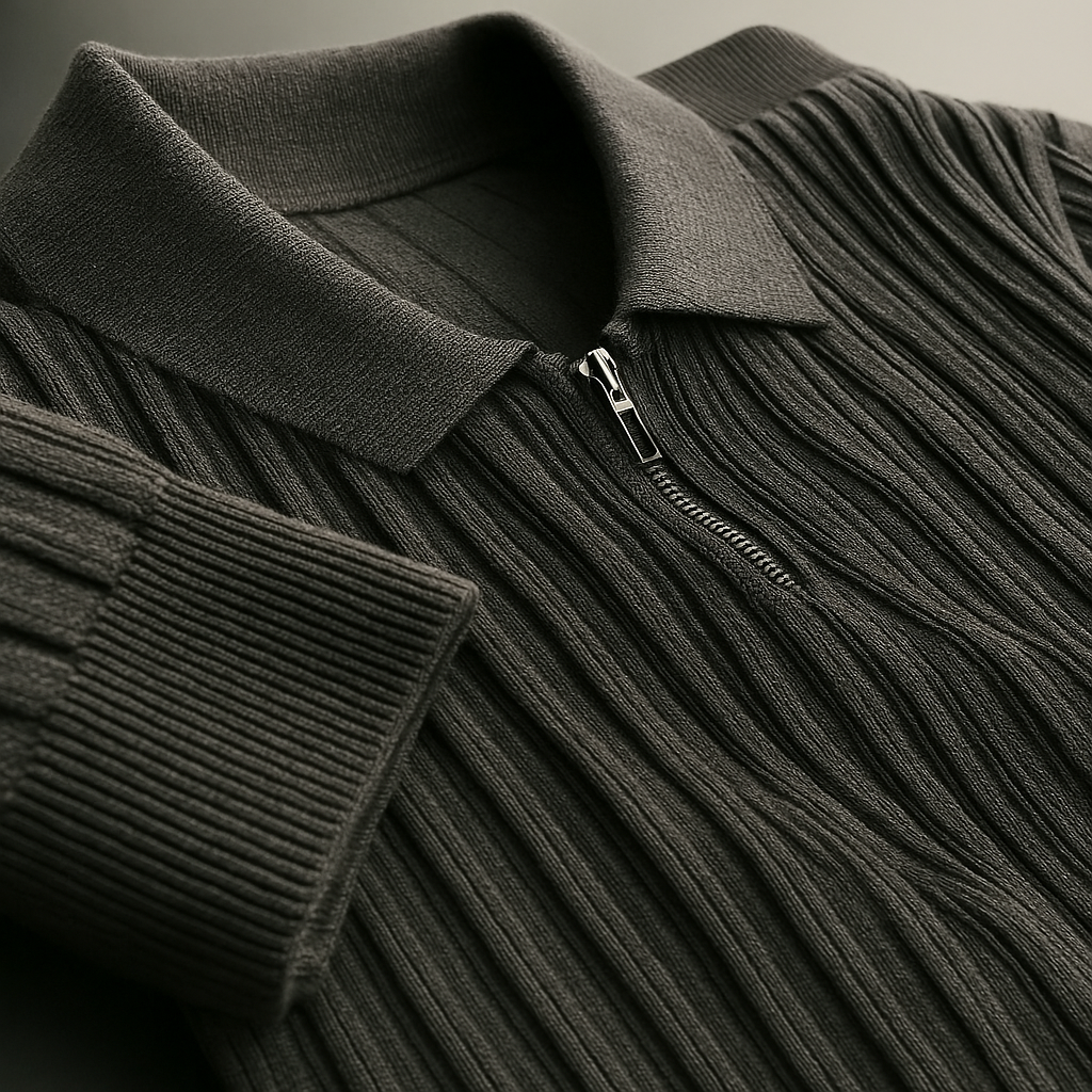 Structured ribbed quarter-zip pullover, texture close-up