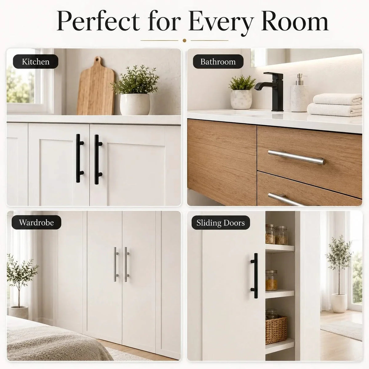 Black cabinet handle set with two long bar pulls for kitchen or wardrobe doors