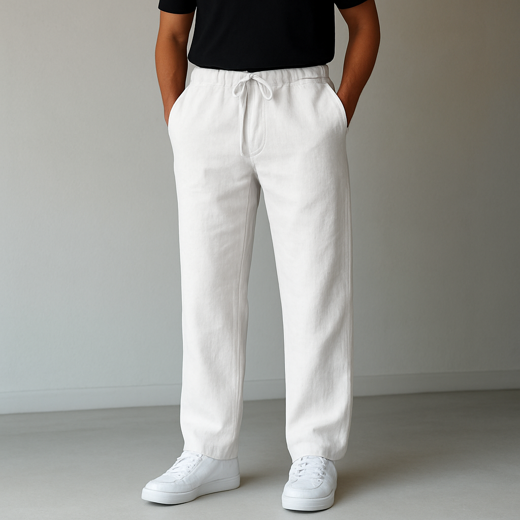 Drawstring linen trousers, white color view