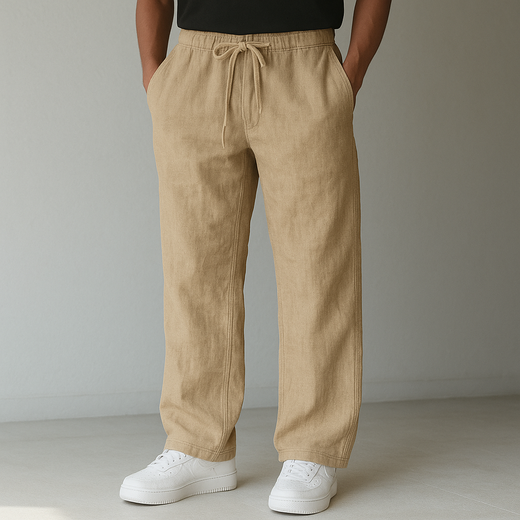 Drawstring linen trousers, khaki color view