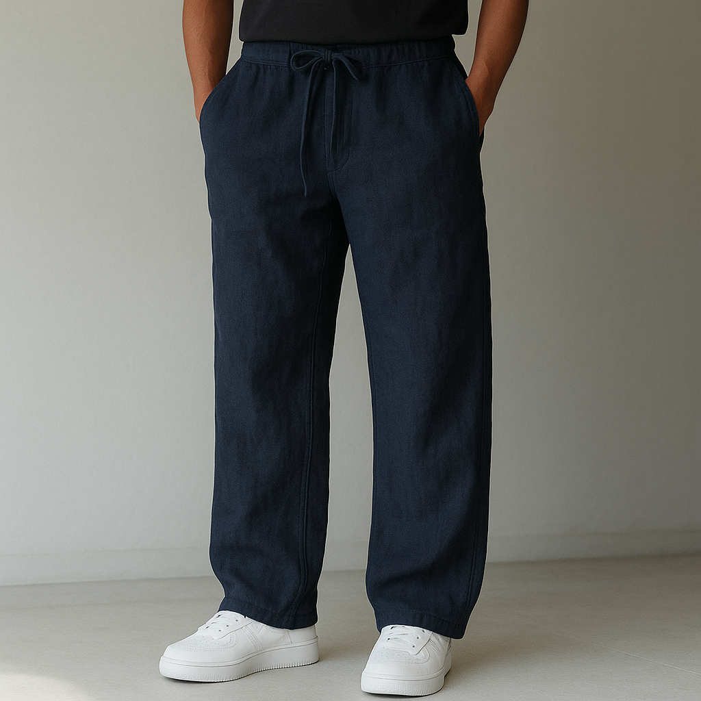 Drawstring linen trousers, front view