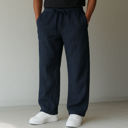 Drawstring linen trousers, front view
