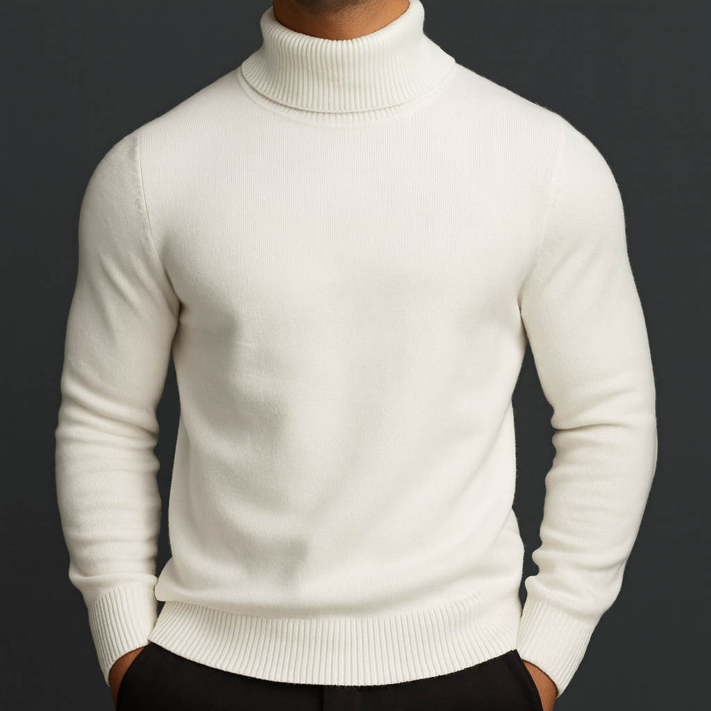 Refined ribbed turtleneck, white color front view
