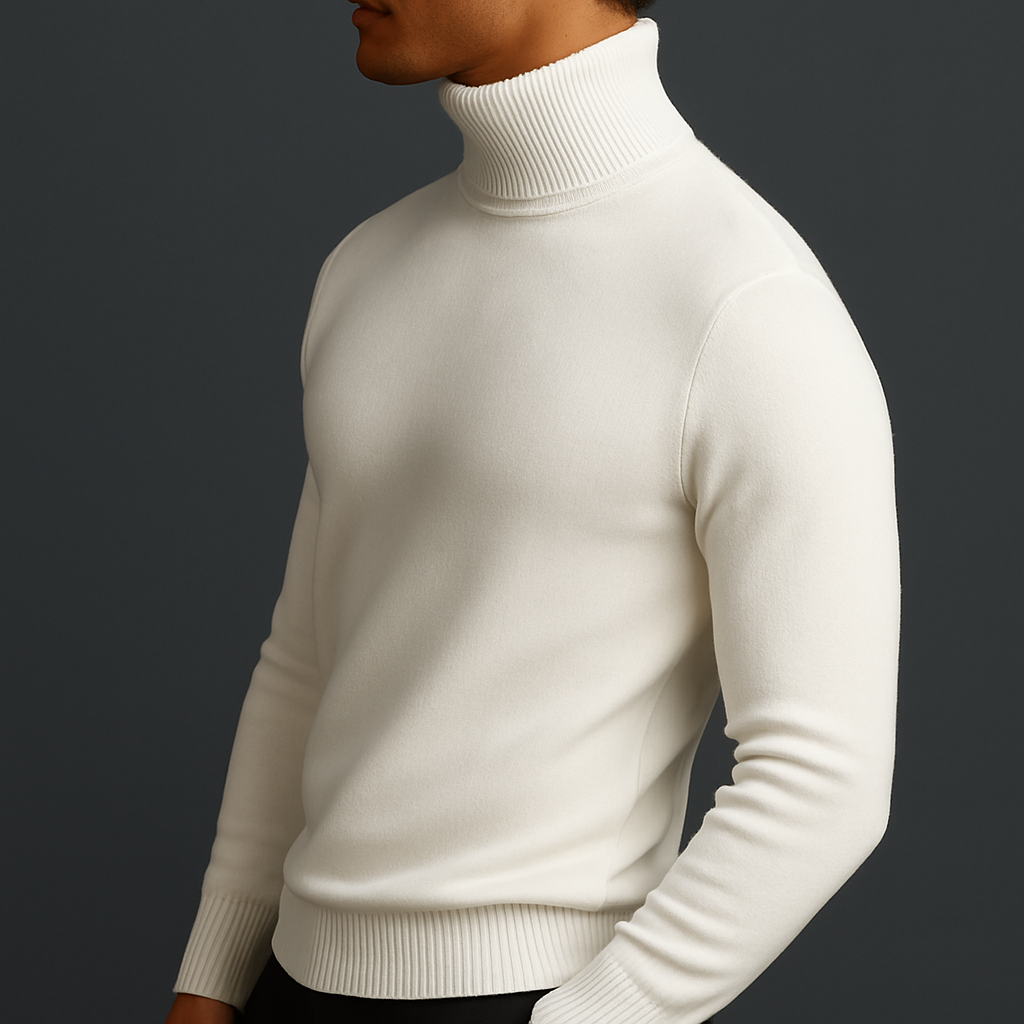 Refined ribbed turtleneck, styled side view