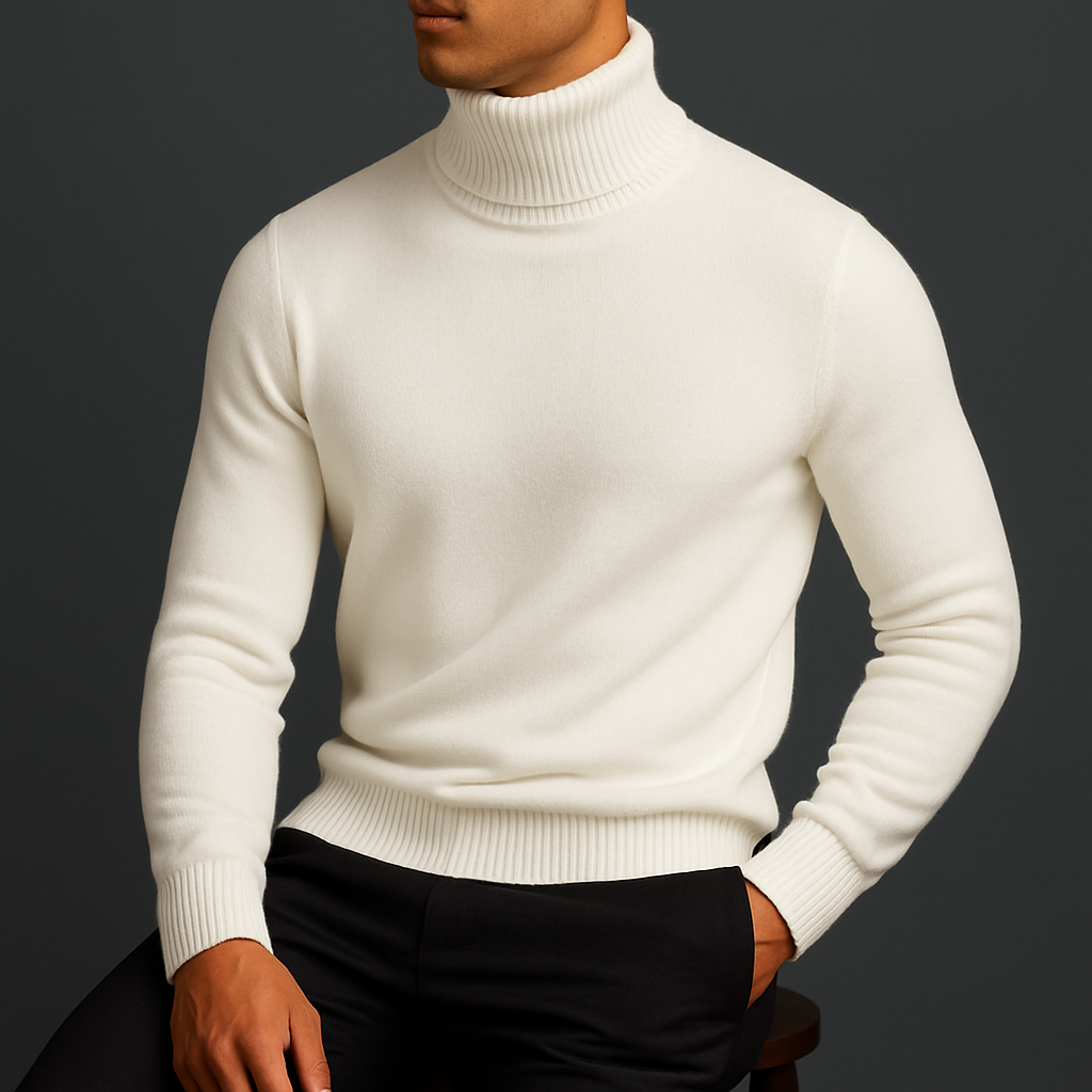 Refined ribbed turtleneck, styled front view