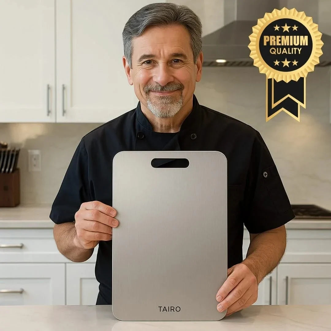Titanium cutting board with handle slot, held upright by a chef