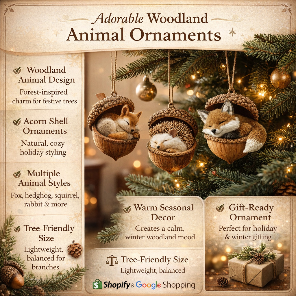 Woodland animal acorn ornament set with several hanging figures on display card