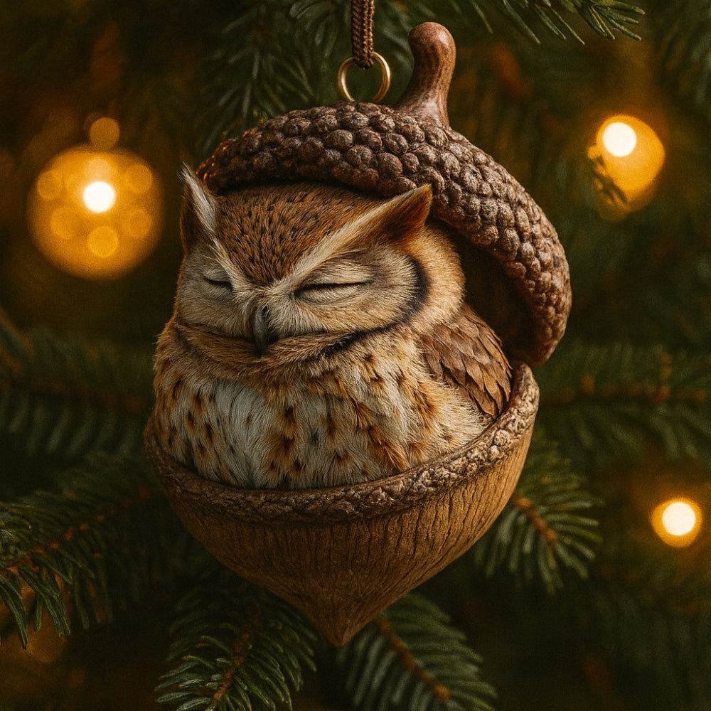 Sleeping owl in acorn-shell ornament with knit-texture cap and hanger