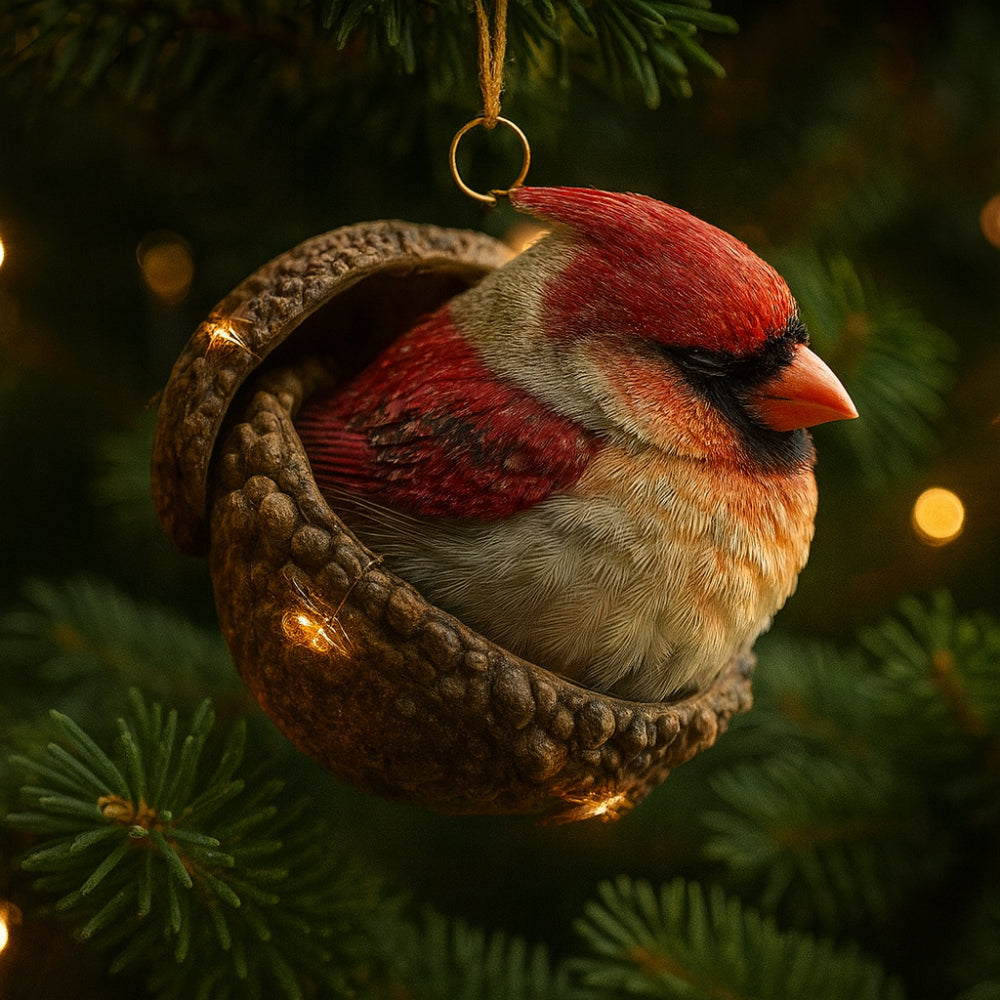 Red-and-gray cardinal bird in acorn-shell ornament with loop hanger