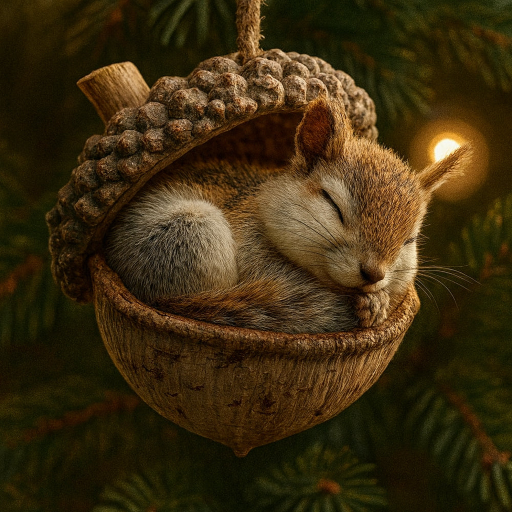 Coiled hedgehog in acorn-shell ornament with textured pebble-like cap