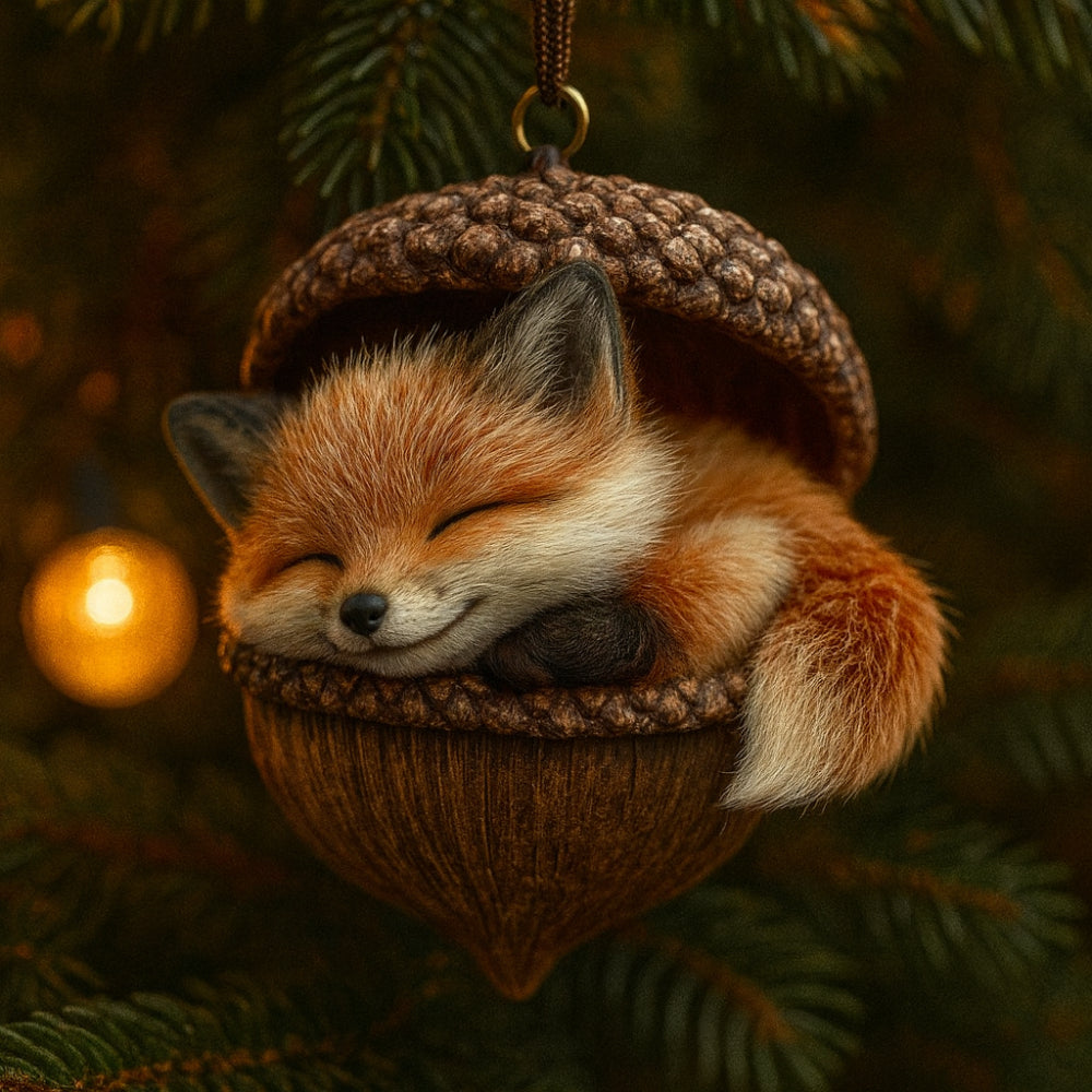 Sleeping fox in acorn-shell ornament with textured pebble-like rim