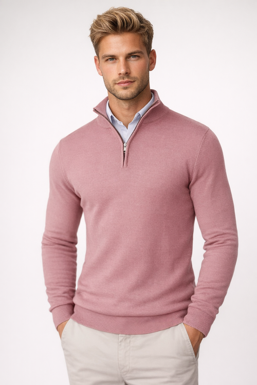 Pink men's knit half-zip sweater with ribbed cuffs and hem.