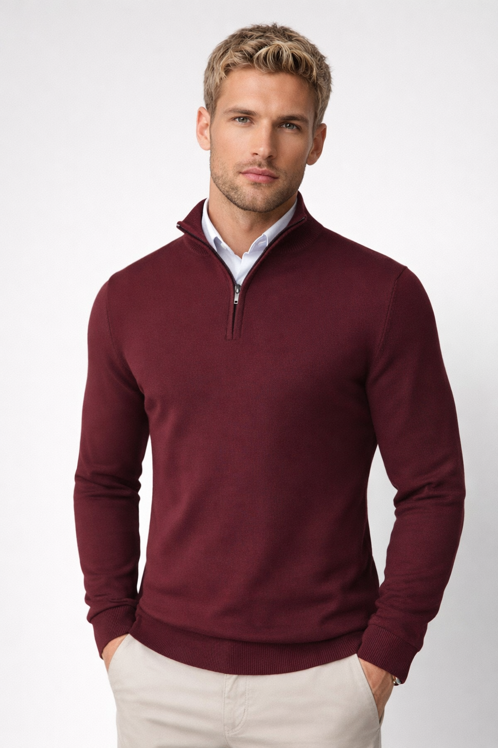 Wine red men's knit half-zip sweater with ribbed cuffs and hem.