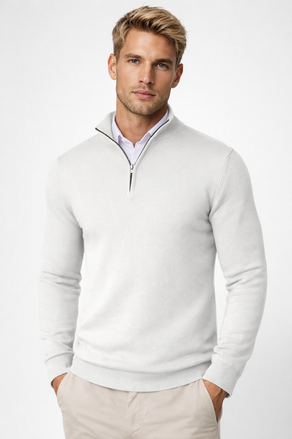 White men's knit half-zip sweater with ribbed cuffs and hem.