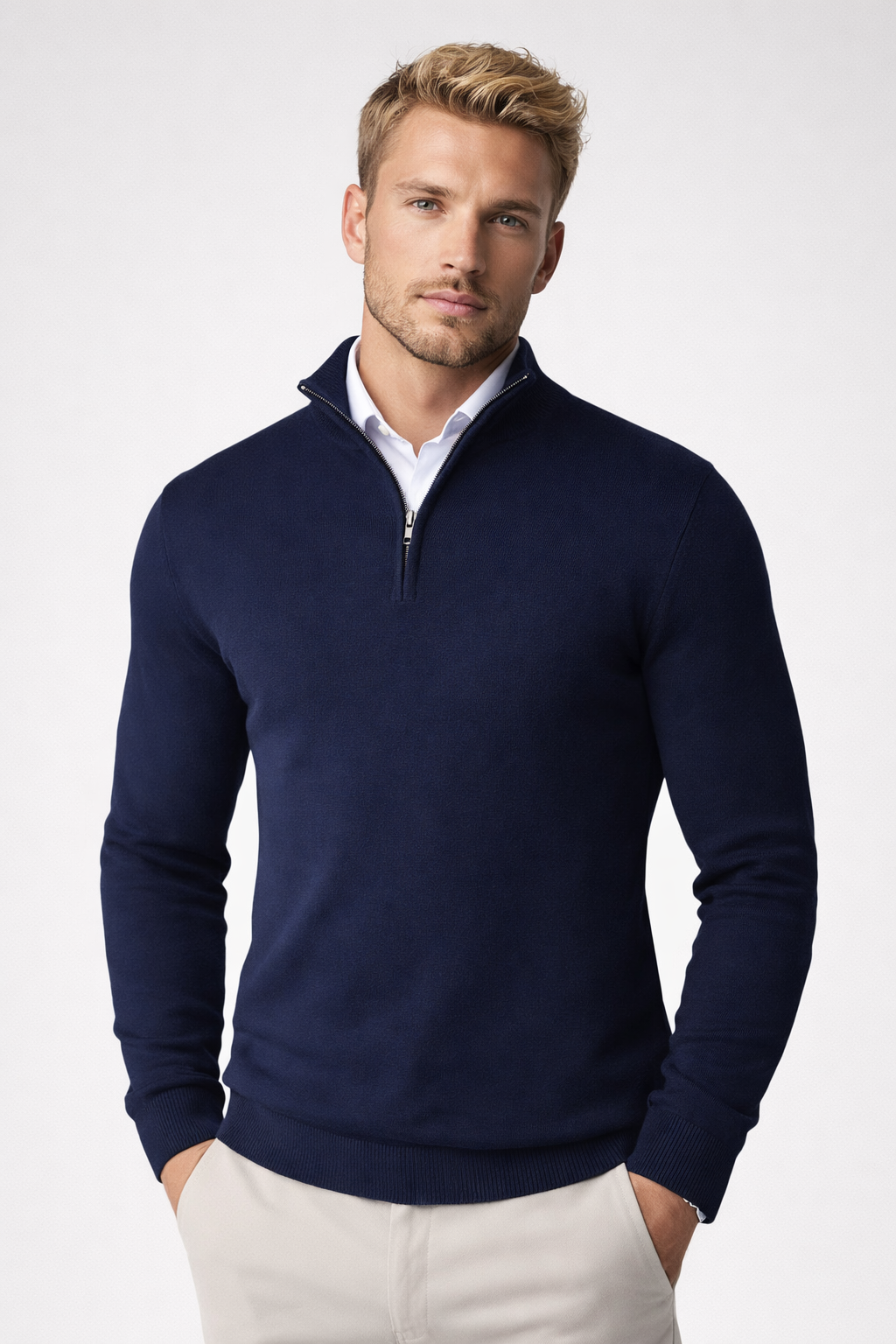 Navy blue men's knit half-zip sweater with ribbed cuffs and hem.