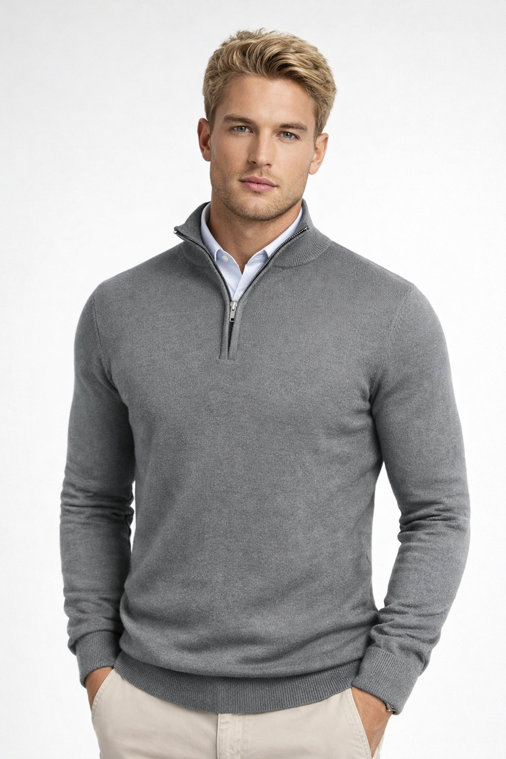 Gray men's knit half-zip sweater with ribbed cuffs and hem.