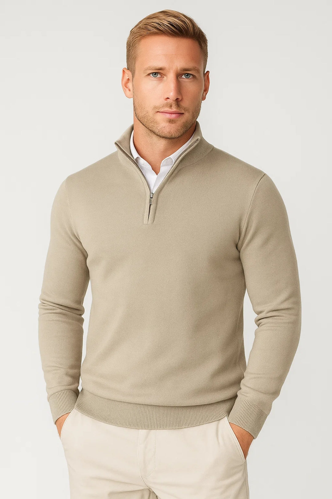 Beige men's knit half-zip sweater with ribbed cuffs and hem.
