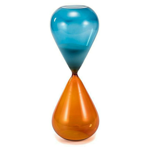 Hourglass sand timer with blue top and orange bottom glass, hourglass shape