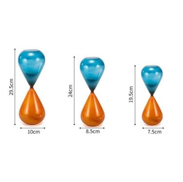 Hourglass sand timer size chart showing 29.5cm, 24cm, and 19.5cm versions