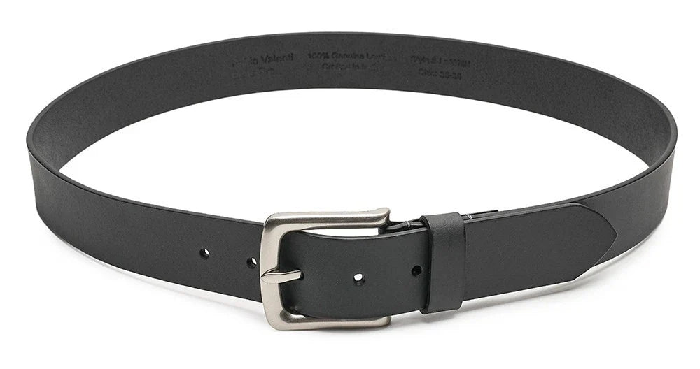 Black leather dress belt with silver buckle and centered keeper