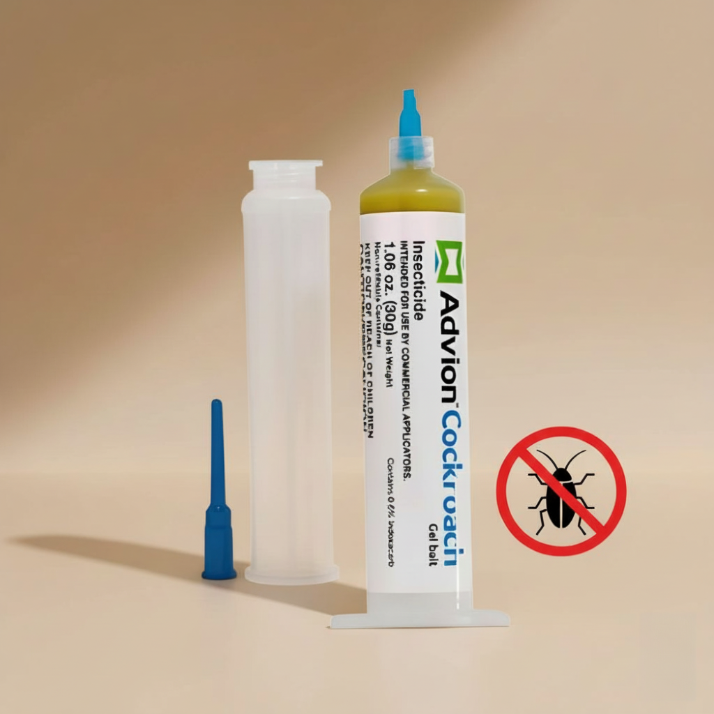 Cockroach bait gel syringes with blue dispensing nozzles and a no-roach symbol.