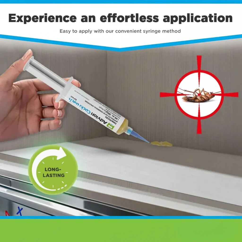 Roach control gel syringe held in hand, dispensing gel along a baseboard.
