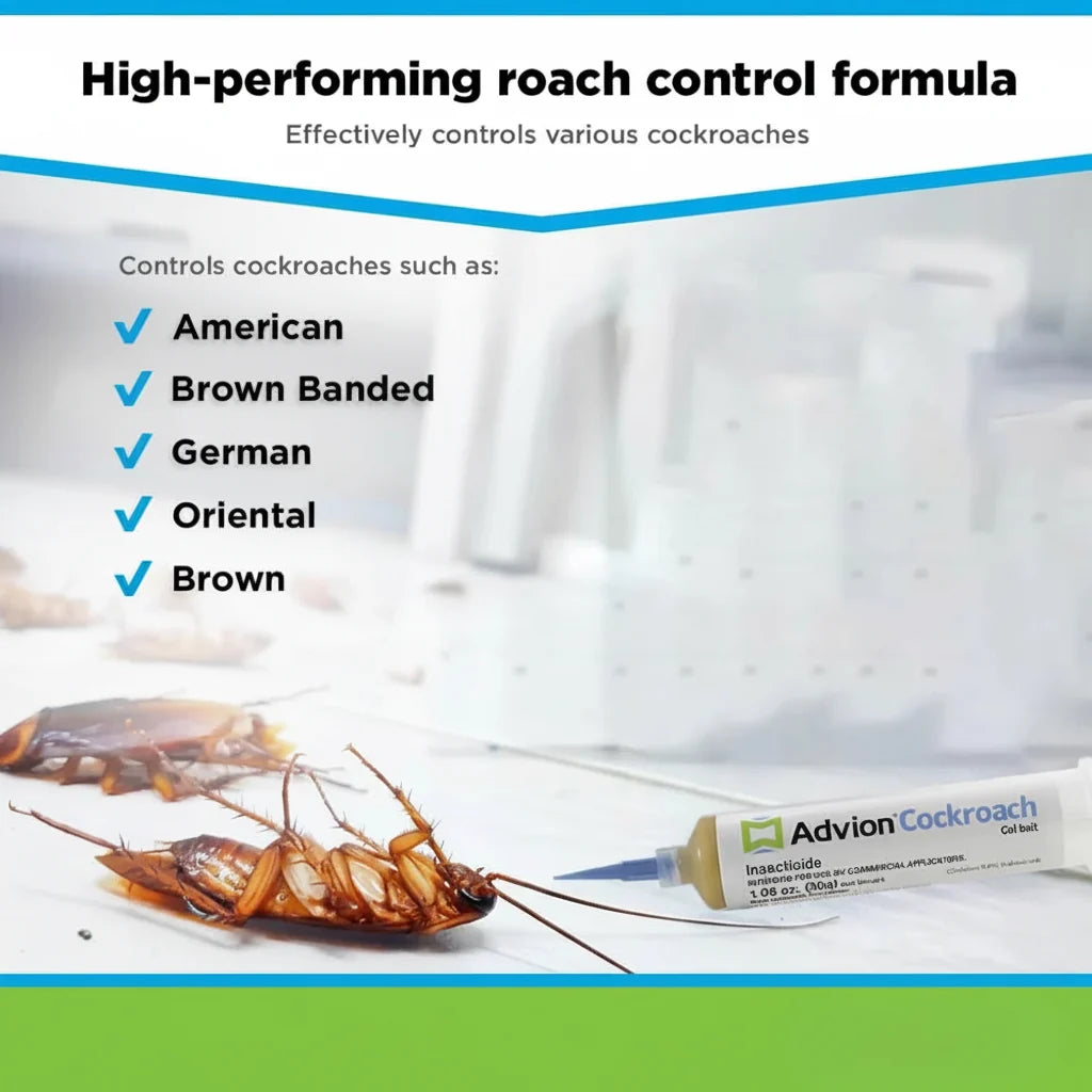 Cockroach control gel tube next to several roaches on a floor surface.