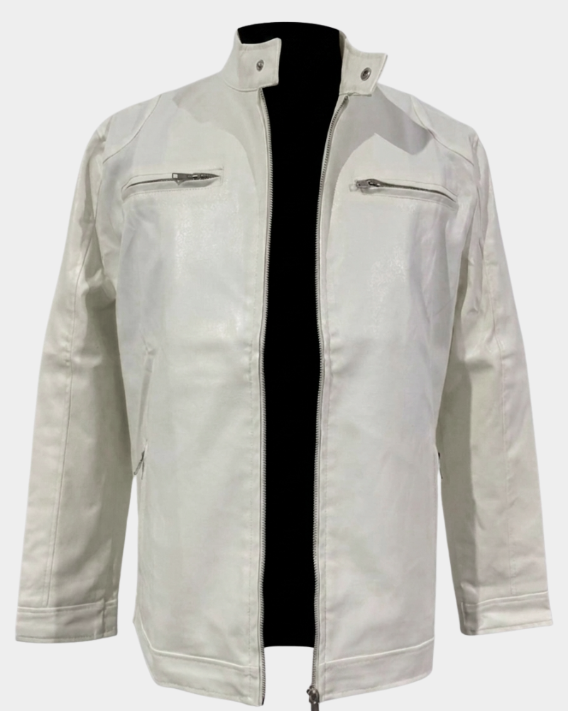 White leather rider jacket with stand collar, snap buttons, and zip front; chest zip pockets