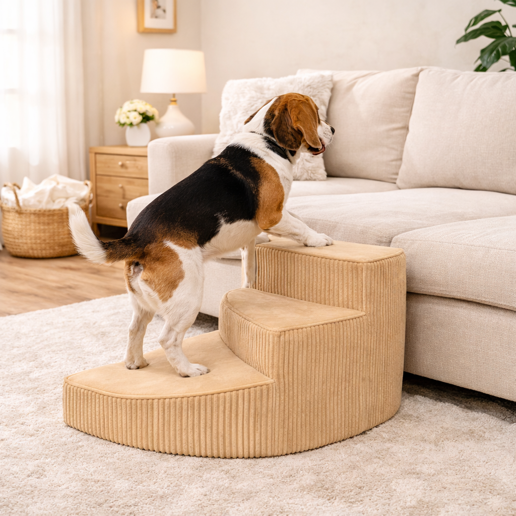 Orthopedic pet stairs, beige corduroy-style 3-step with textured foam steps