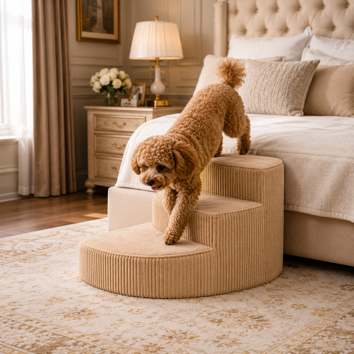 Orthopedic pet stairs, beige 3-step foam with grippy tread surface