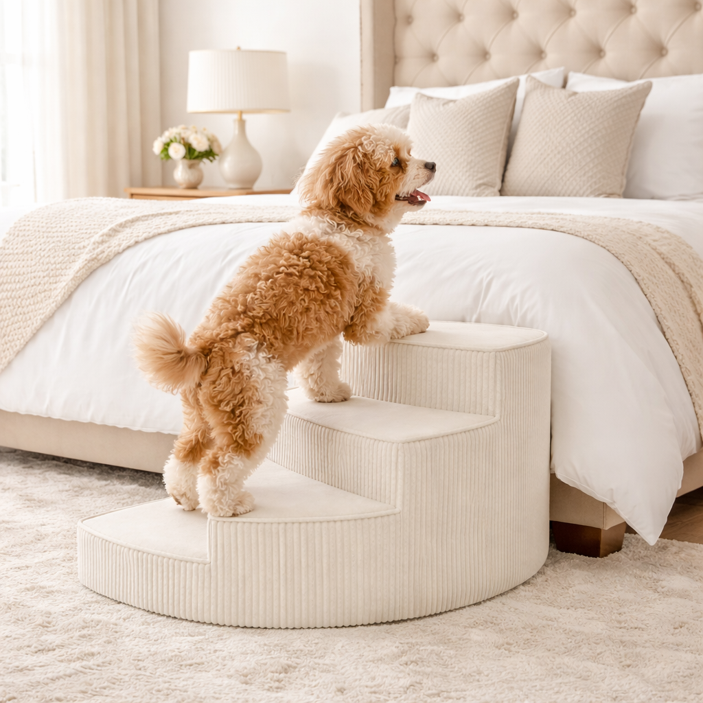 Orthopedic pet stairs, beige 3-step foam set with cushioned top steps