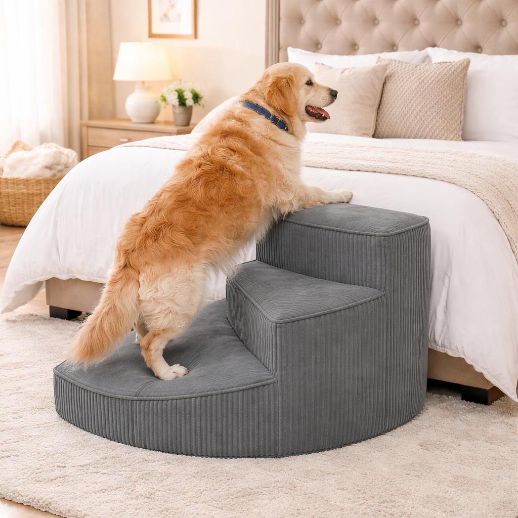 Orthopedic pet stairs, dark grey fabric 3-step foam stair for dogs