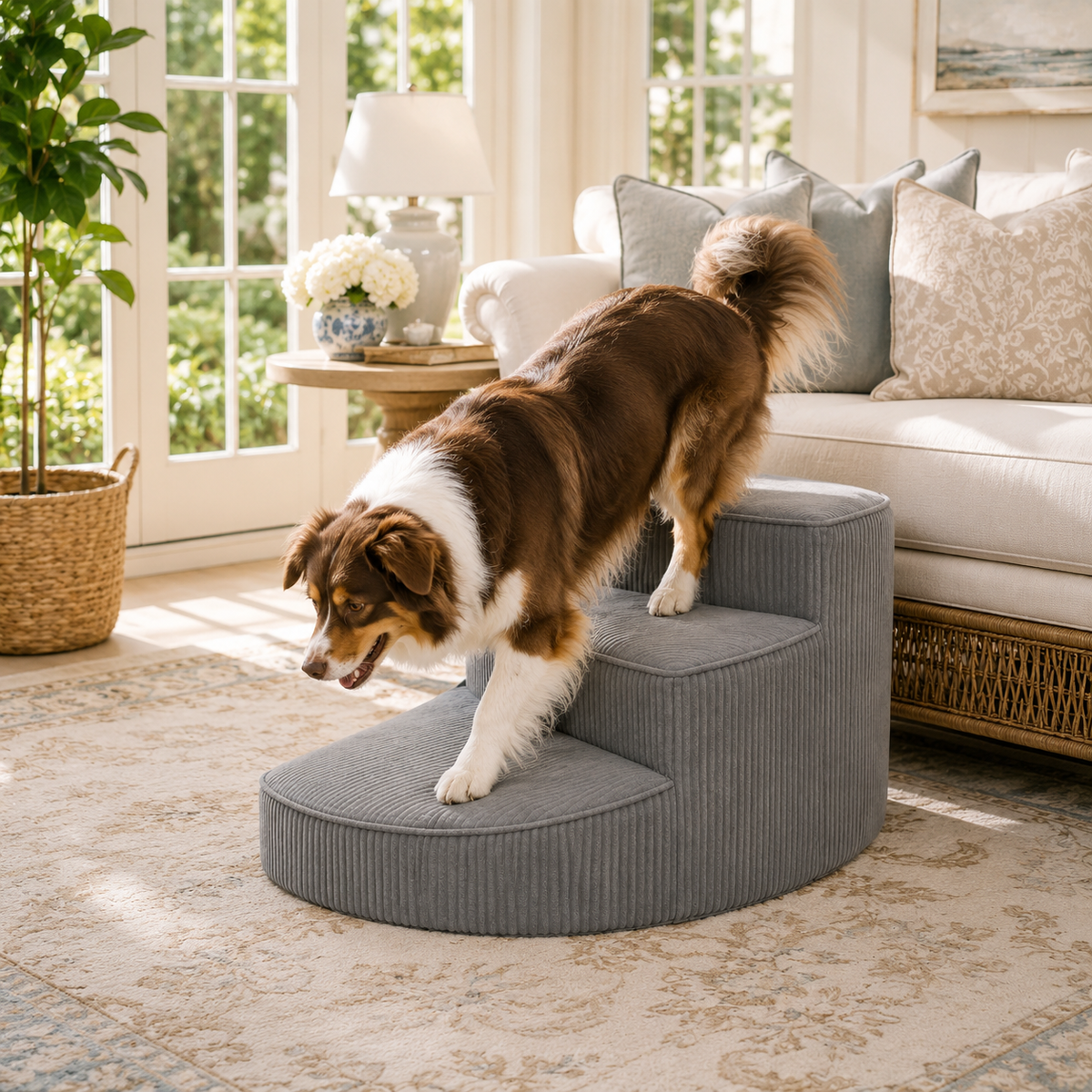 Orthopedic pet stairs, dark grey 2-step foam with ridged sides and steps