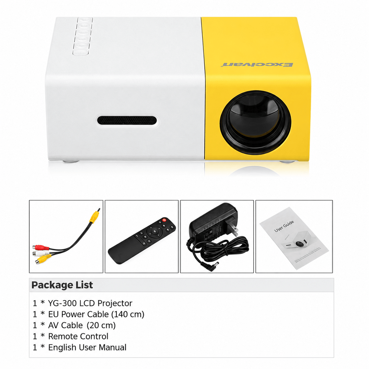 White and yellow mini projector with lens, plus remote, cables, and user manual