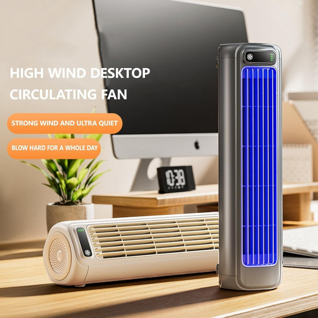 Desktop evaporative air cooler with blue illuminated grille and compact tower body