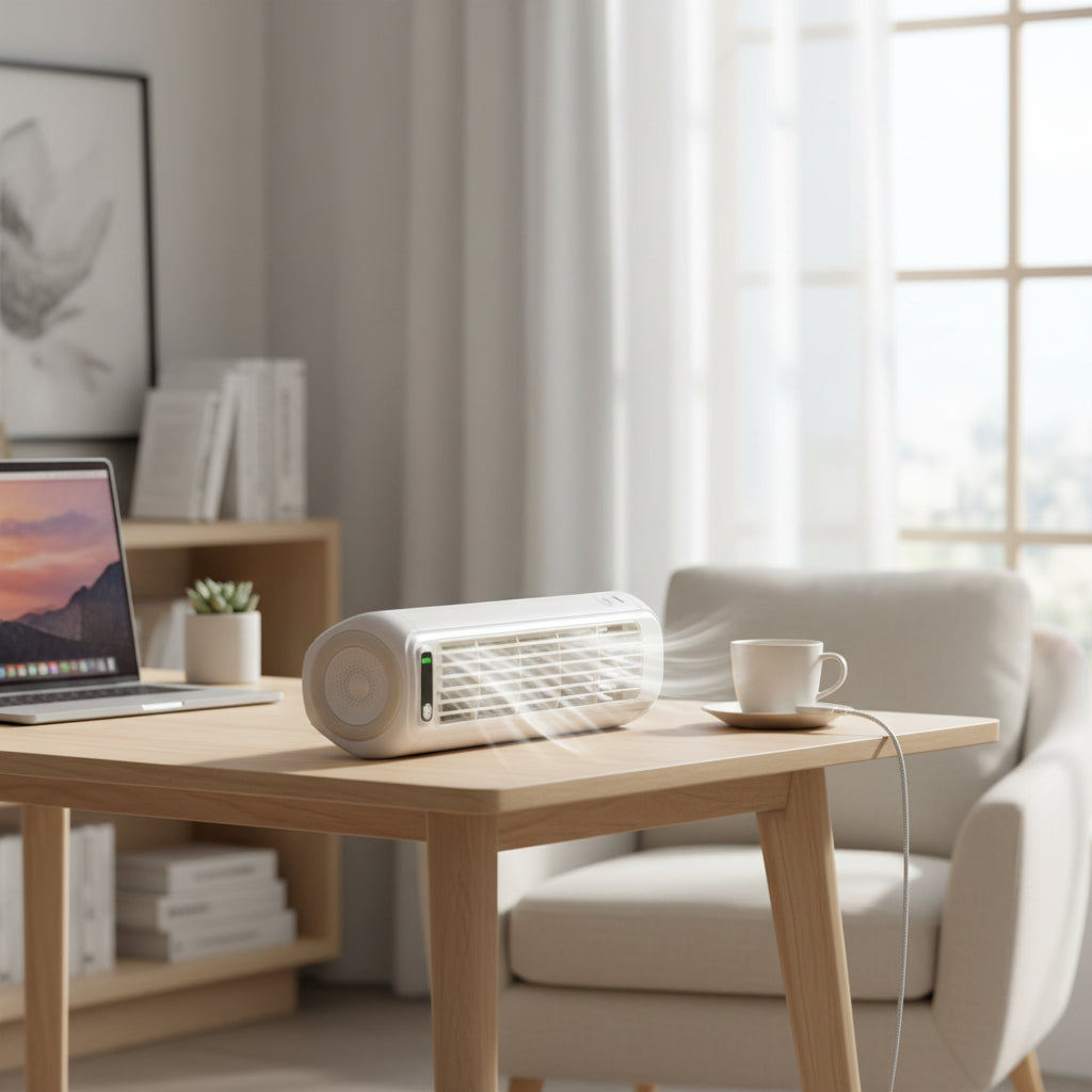 White personal evaporative air cooler on tabletop with mist airflow from front grille