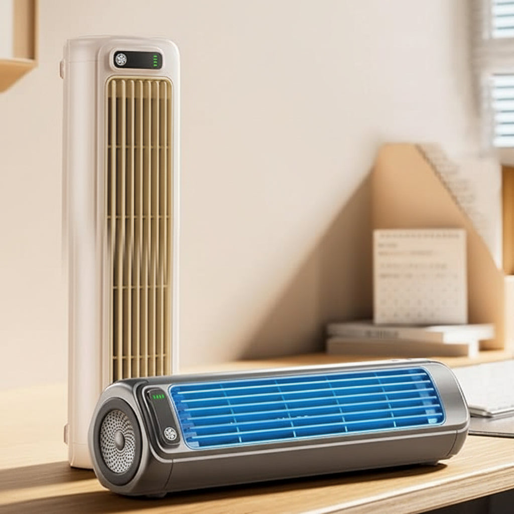 White evaporative air cooler standing on desk with blue lighted front grille