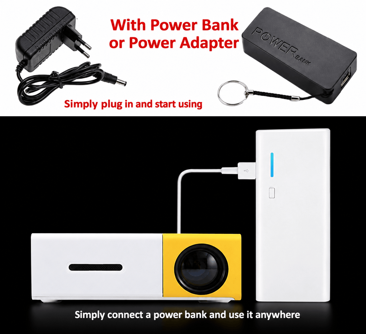 Compact mini projector with front lens and yellow side panel, with power cable