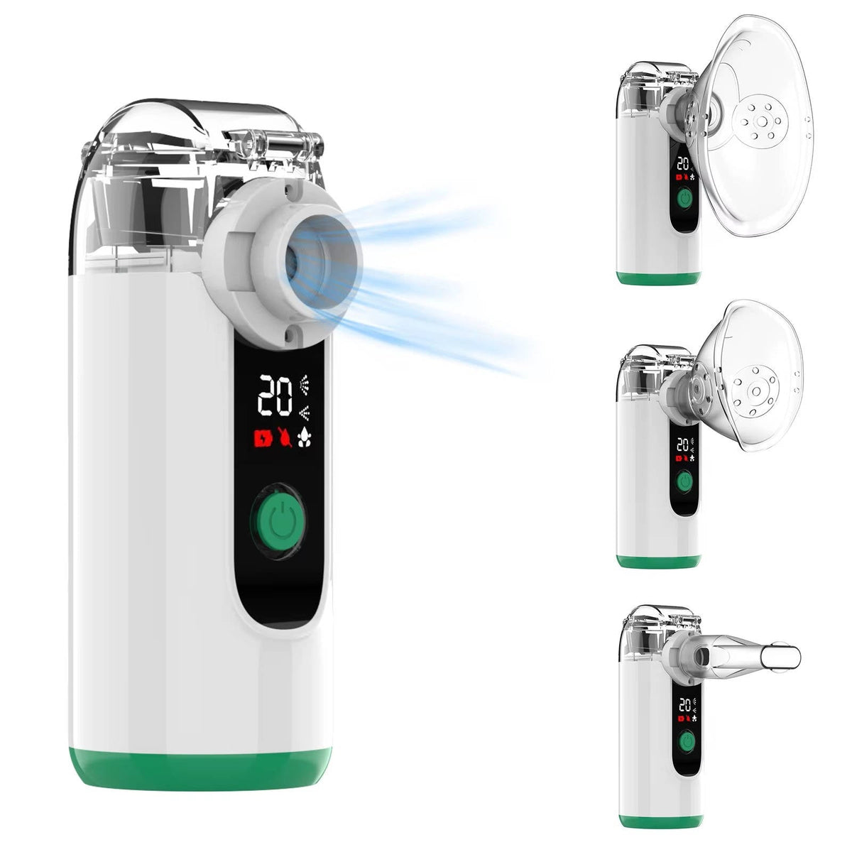 White mist inhaler with green base, LED display, and detachable oval mask