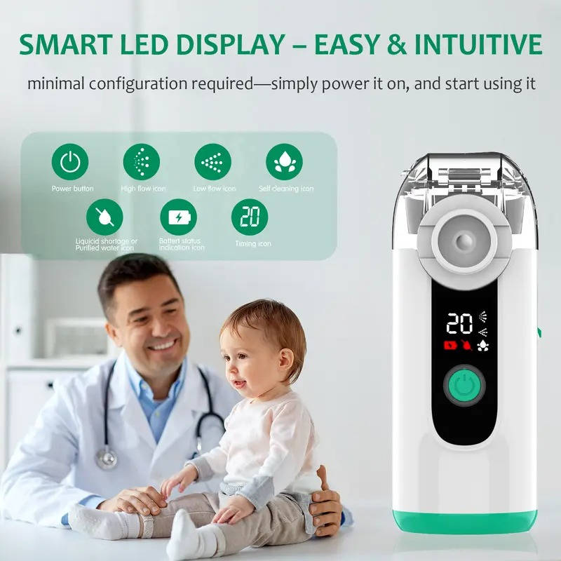 Mist inhaler device with LED screen and clear oval mask, showing mist nozzle