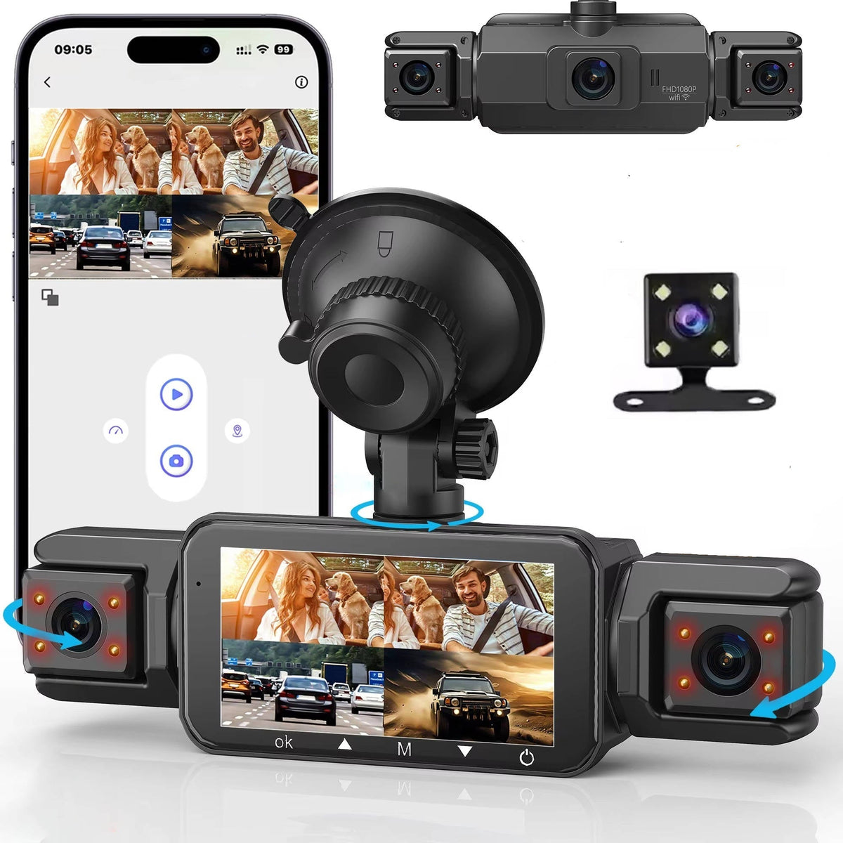 Wireless dash camera system with four cameras, LCD screen and front rear lens units