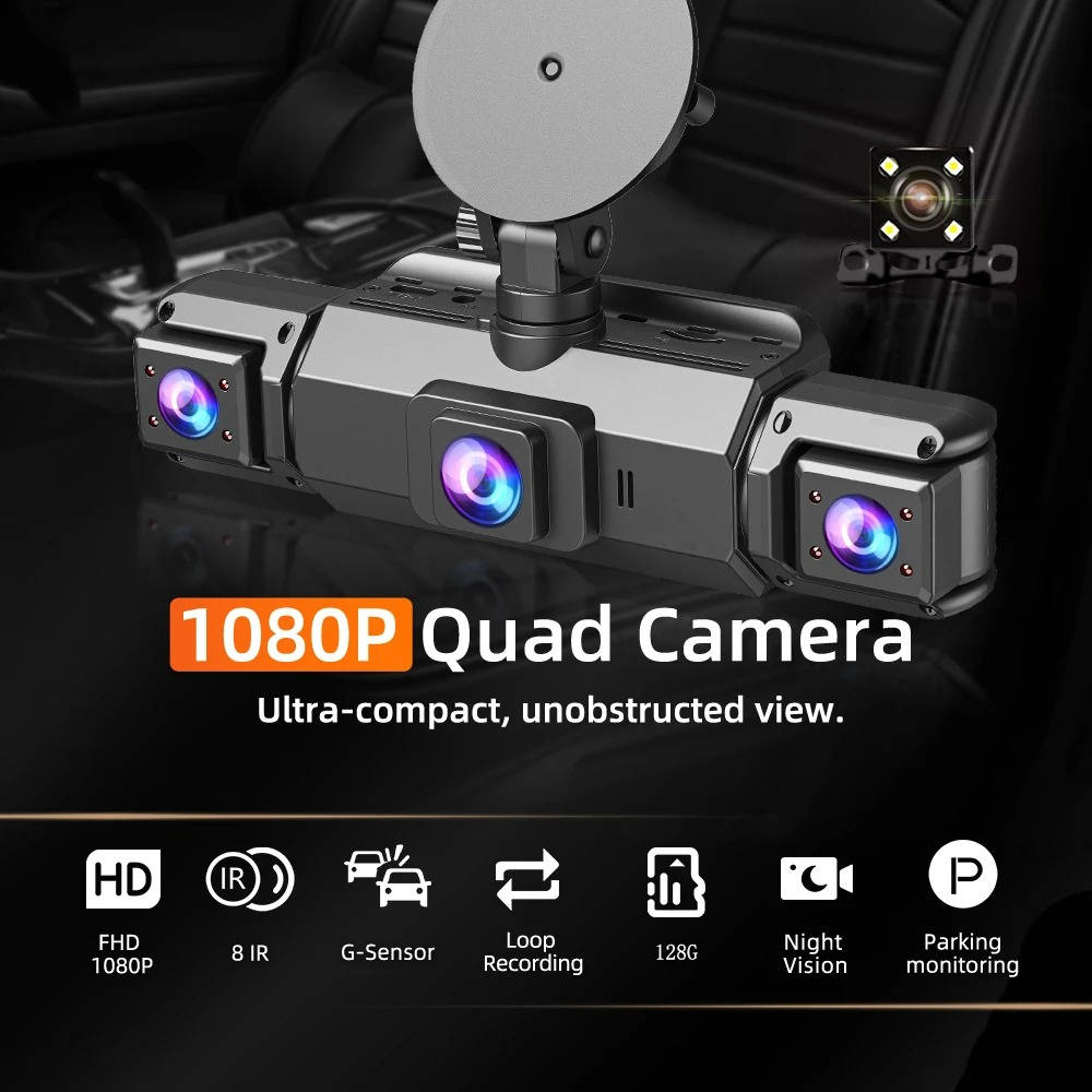 Quad dash camera system with four lens modules and adjustable mounting stand