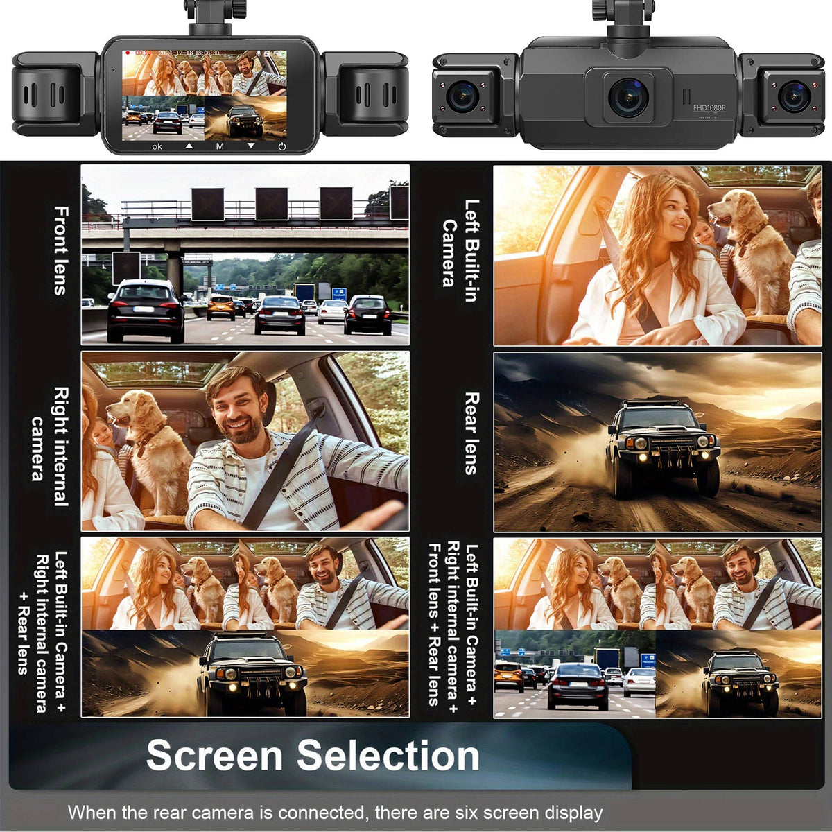 Wireless dash camera system with LCD screen showing four-camera screen layouts