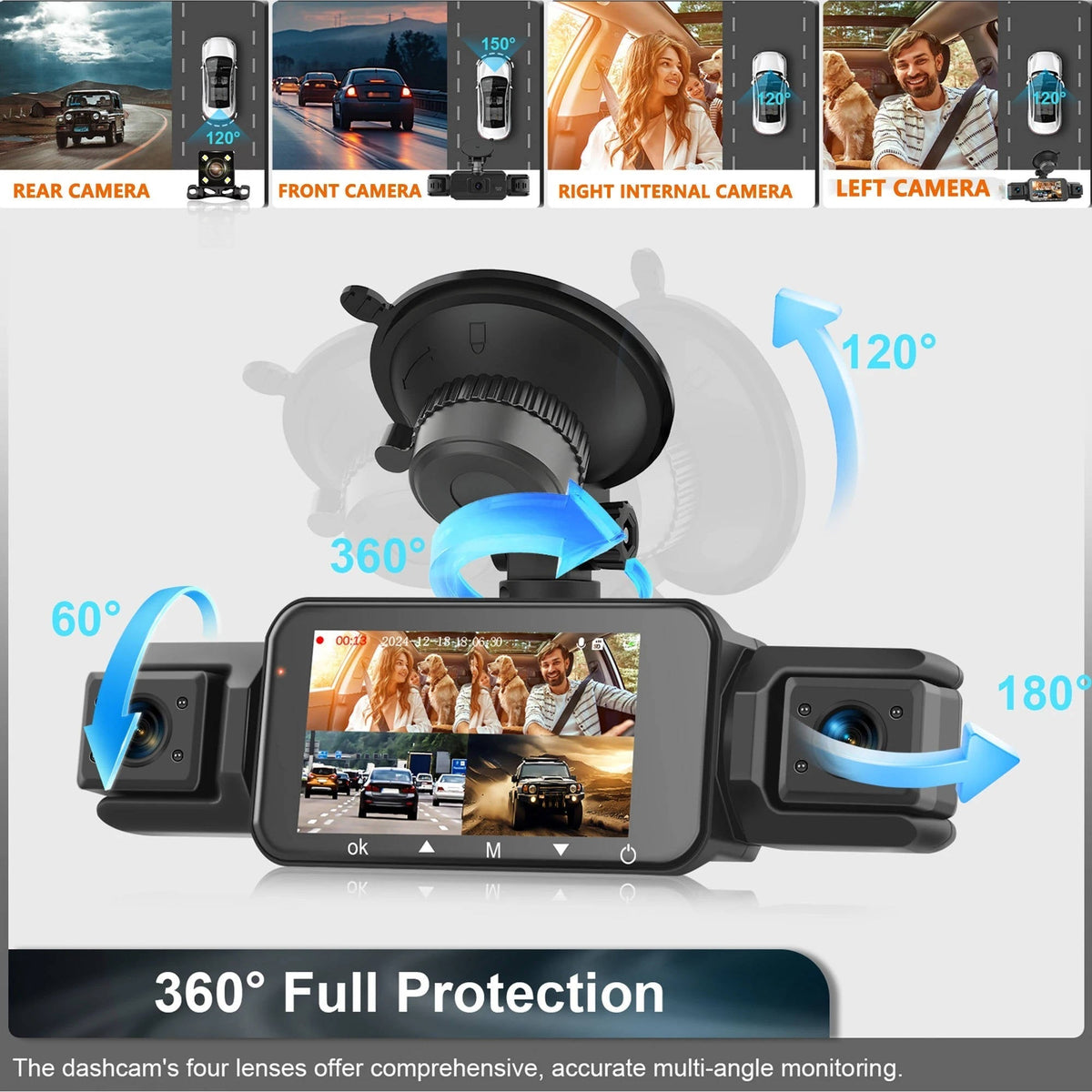 Wireless dash camera system with four cameras and rotating 360° protection mount