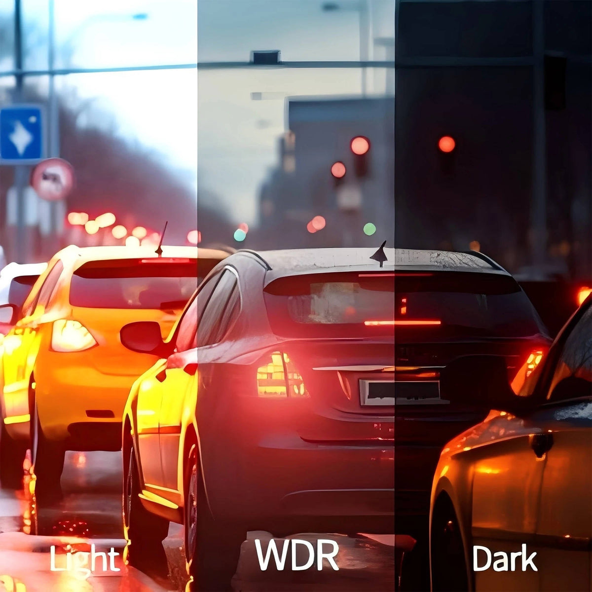 Night vision dash camera comparison showing light and dark vehicle scenes