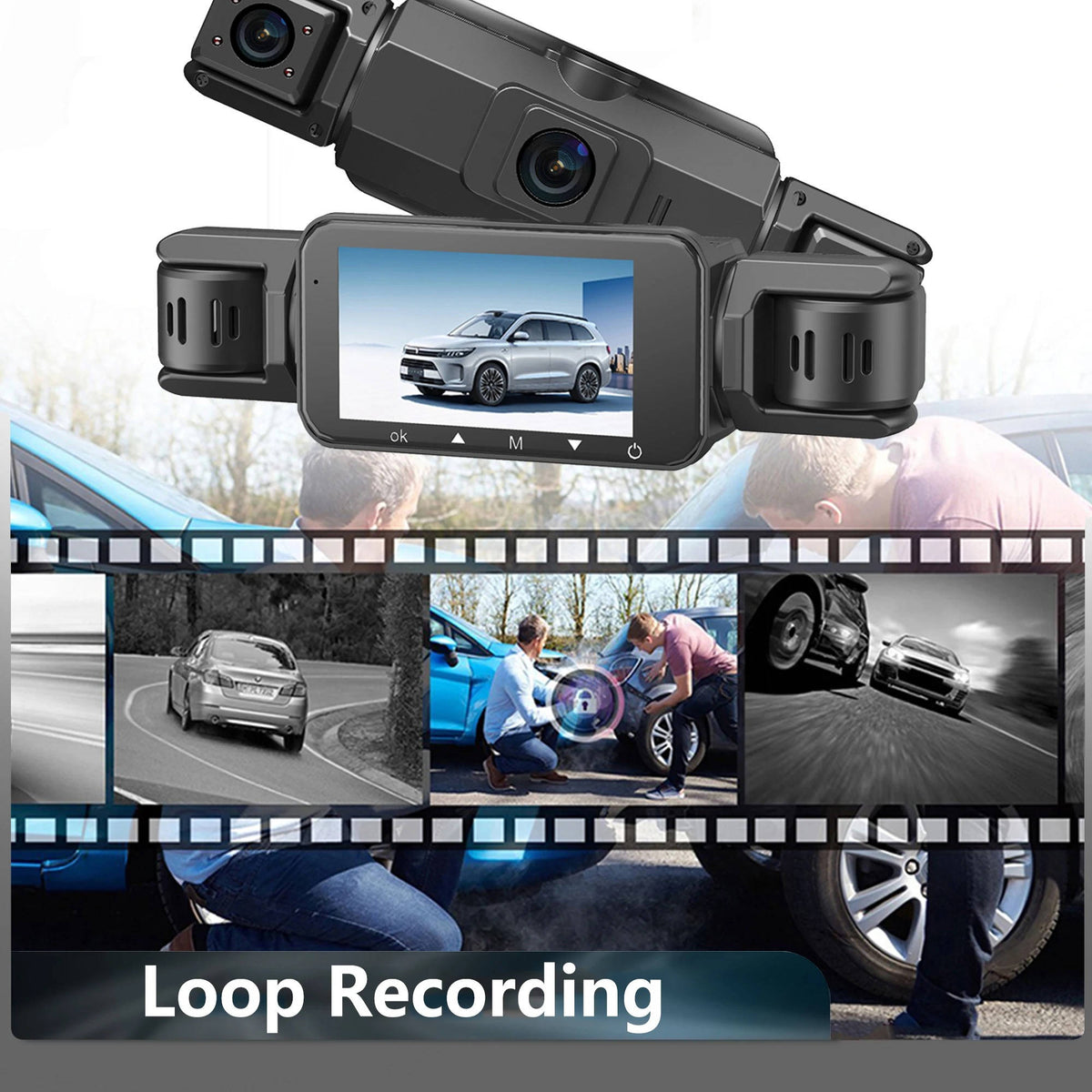 Wireless dash camera system with LCD screen and multiple lens modules for loop recording