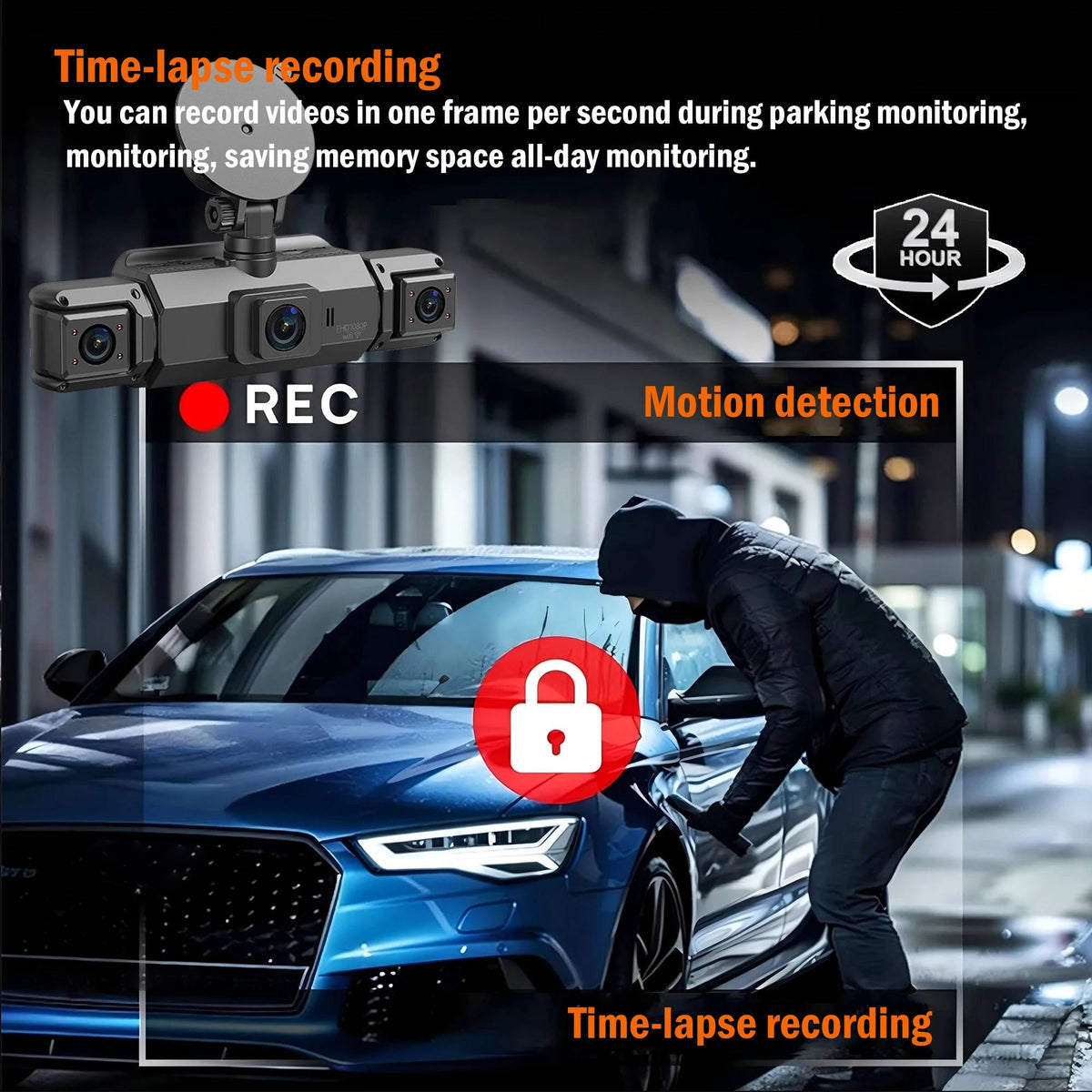 Wireless dash camera system showing motion detection and time-lapse on a night street