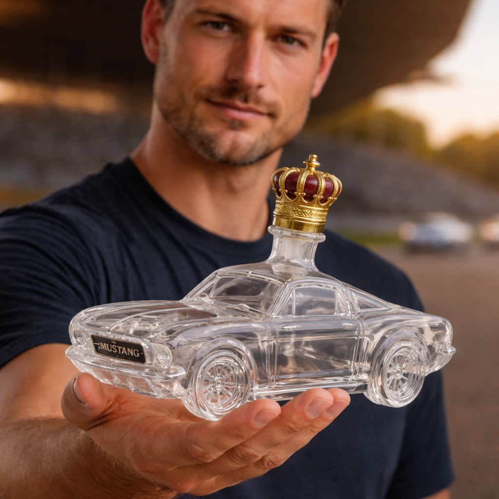 Car-shaped whiskey decanter with gold crown stopper, clear glass wheel details